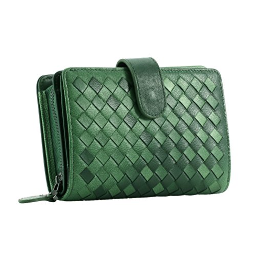 Contacts Womens Genuine Leather Lambskin Woven Bifold Zipper Coin Purse Wallet Green