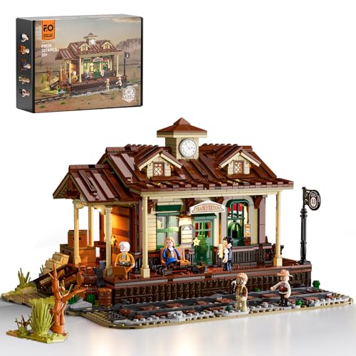 Funwhole Wild West Train Station Lighting Building-Bricks Set - 1975 Pcs Collectible Train Playset for Adults and Teens