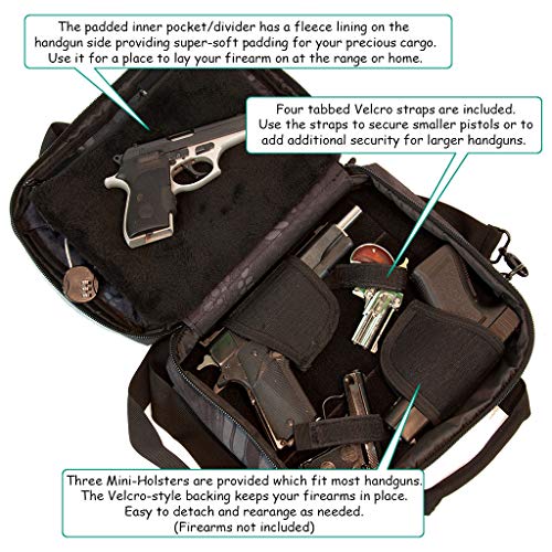 Pistol Case Range Bag for Handguns by FirstChoice; 2-4 Gun Padded Tactical Handgun Soft Case, Lockable Zippers w/Padlock, 3 Mini-Holsters, 8 Mag Slots, 4 Pockets, Range Mat (Black Kryptek Camo)