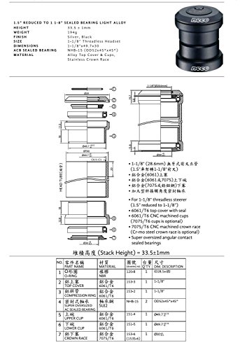 Neco 1.5" Reduced To 1-1/8" Sealed Bearing Bike External Cup Threadless Headset 49.7mm Headtube Head Tube (Silver)