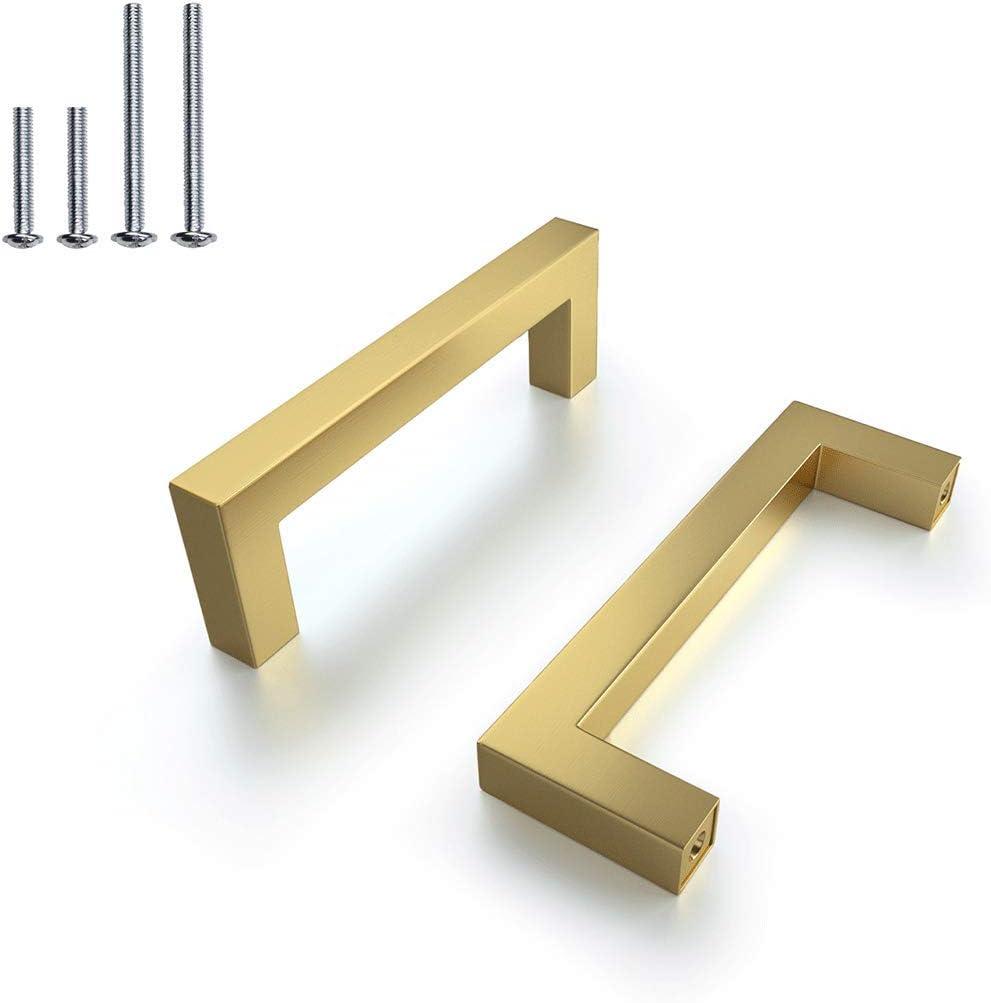 10 Pack-Gold Cabinet Handles Square Drawer Pulls Stainless Steel Brushed Brass Cabinet Pull Knob,Dresser Kitchen Cupboard Hardware,3 3/4"(96mm) Hole Centers,Diameter:12mm(1/2 Inch)