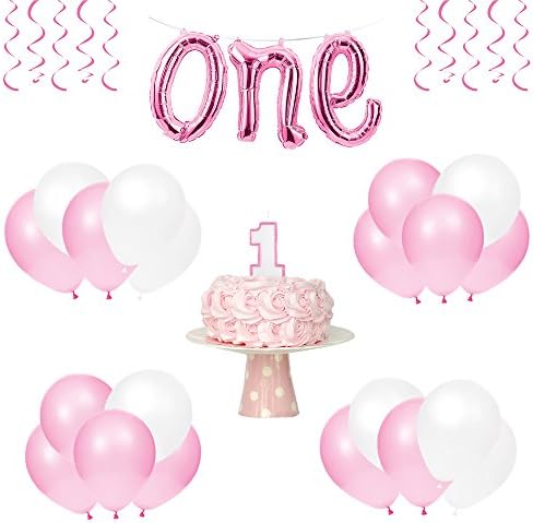 First Birthday Party Supplies for One Year Birthday - 1st Year Birthday Girl Supplies Include "One" Banner, Pink and White Balloons and Birthday Candle