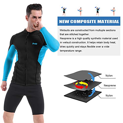 Mens Wetsuit Top, 2mm Neoprene Jacket Long Sleeve Front Zip Wetsuit