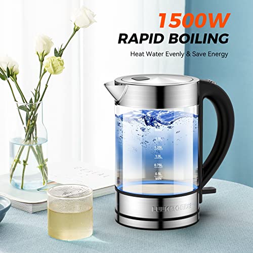 LUUKMONDE 1500W Electric Kettle ,1.7L Borosilicate Glass Tea Kettle with LED Light, Water Kettle Electric Fast Boiling, Auto Shut-Off and Boil-Dry Protection, BPA Free