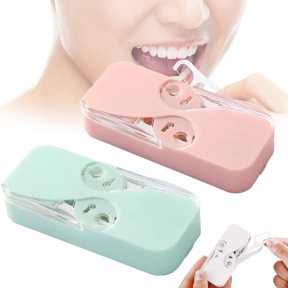 Portable Dental Floss Dispenser Floss Holder Upgrade Automatic Travel Case Floss Dispenser Refillable Floss Box Professional Floss Pick Organizer for Teeth Cleaning(Pink+Green + 24pcs Floss)