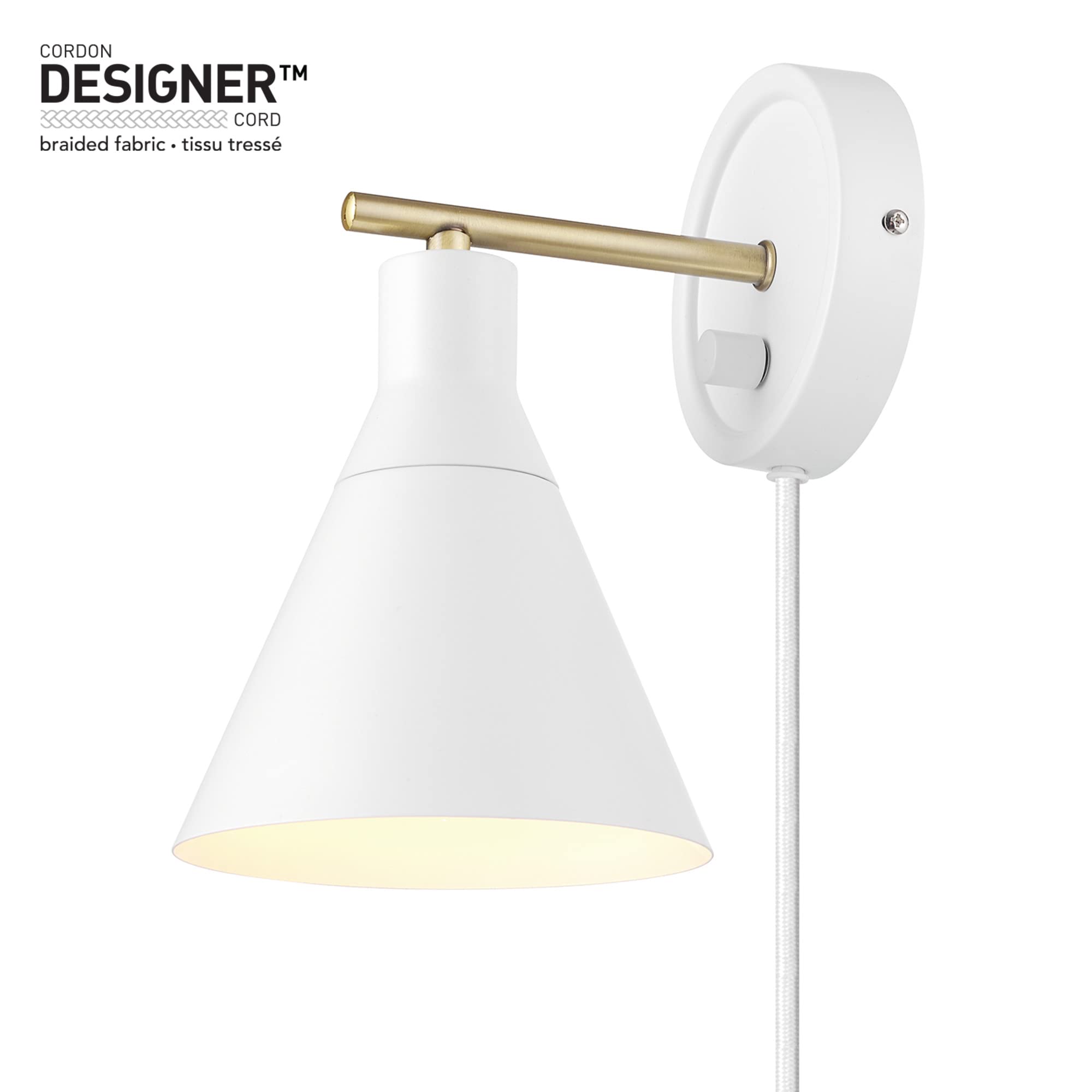 Globe Electric 65542 1-Light Dimmable Plug-in or Hardwire Wall Sconce, Matte White, Brass Accent, Stepless Dimming Rotary Switch on Canopy, White Fabric Cord, Wall Lighting, Bulb Not Included