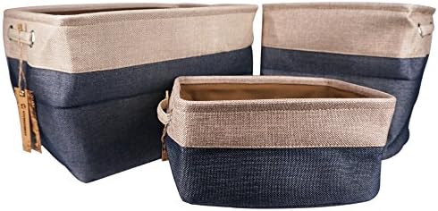 Storage Bin Organizing Baskets Linen Cotton Fabric Foldable Hand-Held for Toys Nursery Children Laundry Hamper Baby Closet Organizer Basket Toy Storage Box - Set of 3 (Blue)