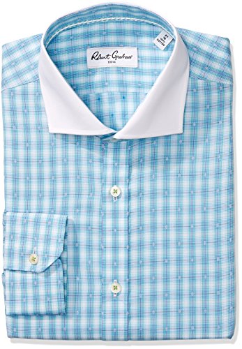 Robert Graham Men's Regular Fit Two Tone Geo Plaid Spread Collar Dress Shirt, Aqua, 18.5" Neck 34"-35" Sleeve