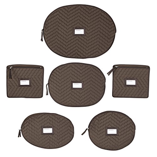 6 Pieces of Fine China Dinnerware Accessory Storage Set - Deluxe Quilted Plush Microfiber - Contents Label Window - Protect Your Valuable China Dishes from Dings, Scratches and Cracks - Brown