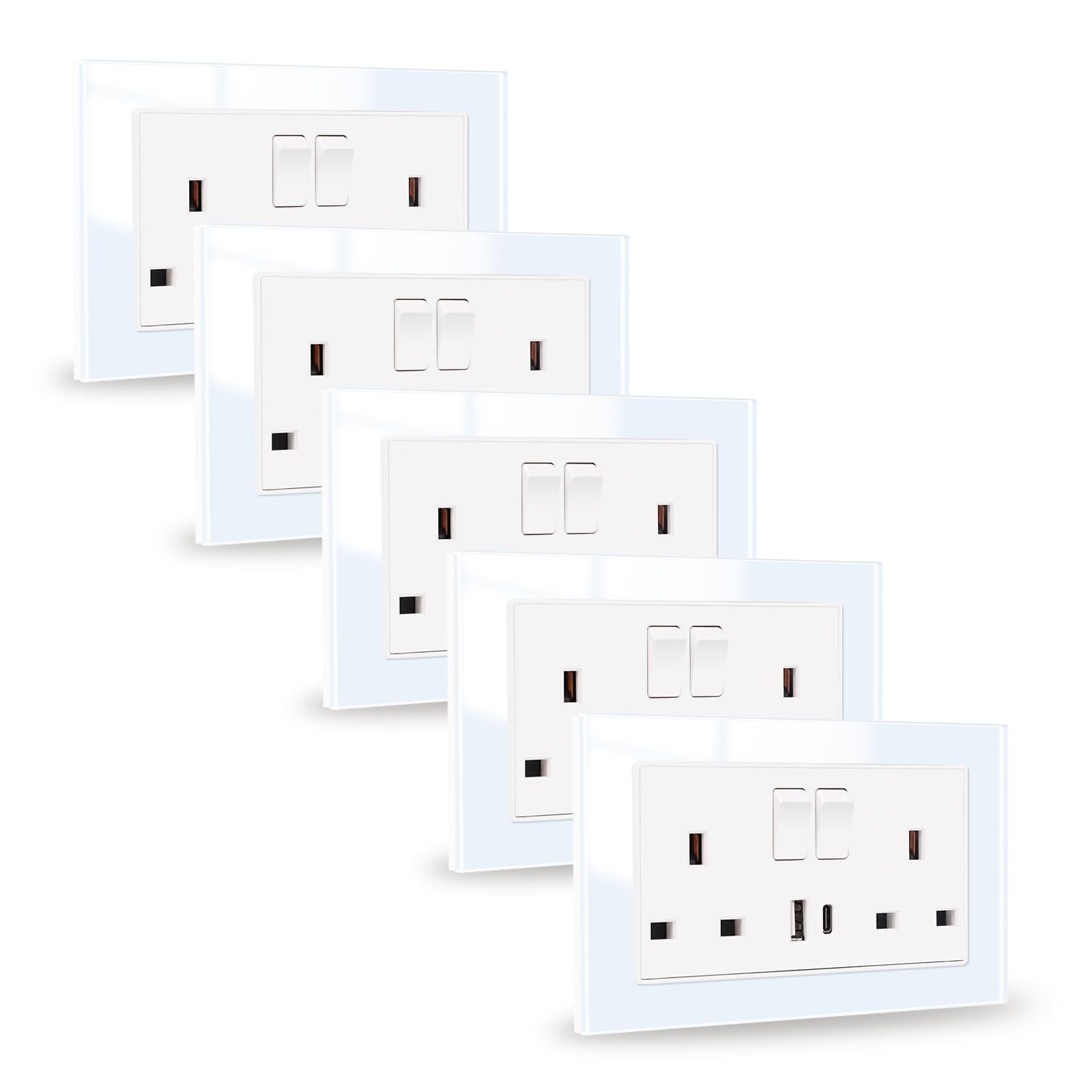 JIMEIDA 5 Pack Double Switched Socket White 20W Fast Charging 13 Amp with USB A and Type C Charging Ports Crystal Glass Panel Switched Socket