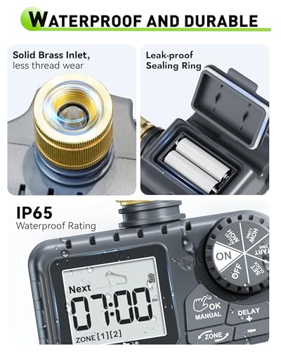 RAINPOINT Water Timer 2 Outlets, IP65 Waterproof Garden Hose Irrigation Timer with Brass Inlet, Rain Delay/Manual Watering, Automatic Watering System for Garden, Yard, Lawn, 2 Zone