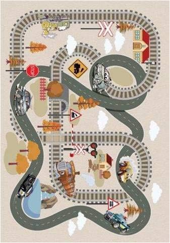 Ladole Rugs Distressed Train Tracks Flatweave Play Area Rug - Carpet for Kids Playroom, Little Girl, and Boy Bedroom, and Nursery - Beige, 8x10 (7'10"x10'5", 240cm x 320cm)