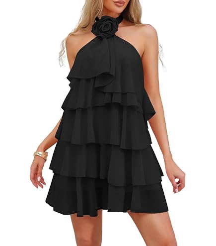 babydoll black chiffon halter mini dress OYOANGLE Women's Polka Dots Ruffle Summer Vacation Malakhai chiffon