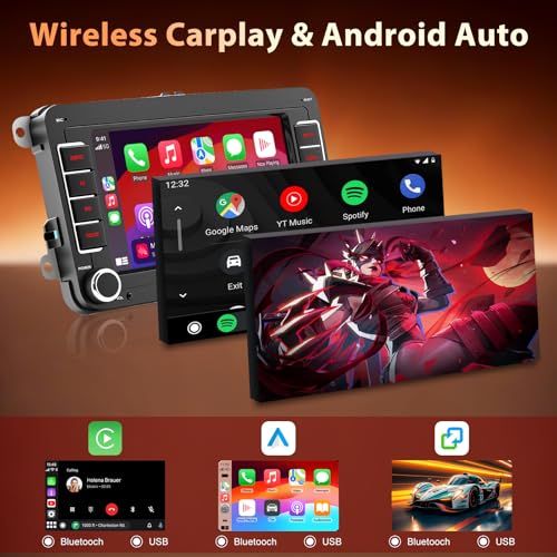 Car Radio for VW Golf 5 Golf 6 Polo Touran Passat Tiguan Skoda Touran EOS, Apple CarPlay and Android Auto Wireless, 7 Inch Screen Bluetooth FM AM USB RDS SWC Mirror Link for iOS/Android+Canbus