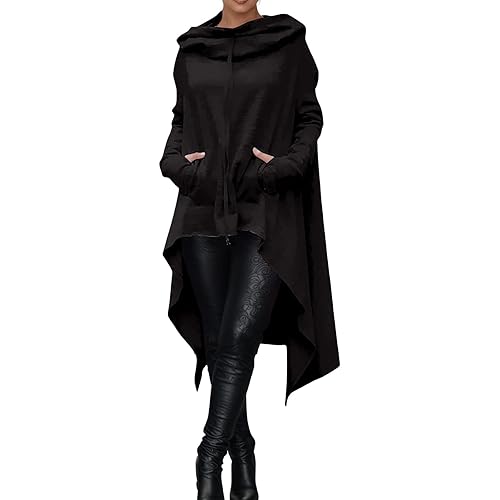 Hoodies For Women Uk Irregular Hem Solid Color Womens Hoodie Plus Size Long Sleeve Tops Y2K Poncho Cape Cloak Shawl Blouse Cape Woolen Hooded Sweatshirt Retro Hip Hop Pullover Top Black