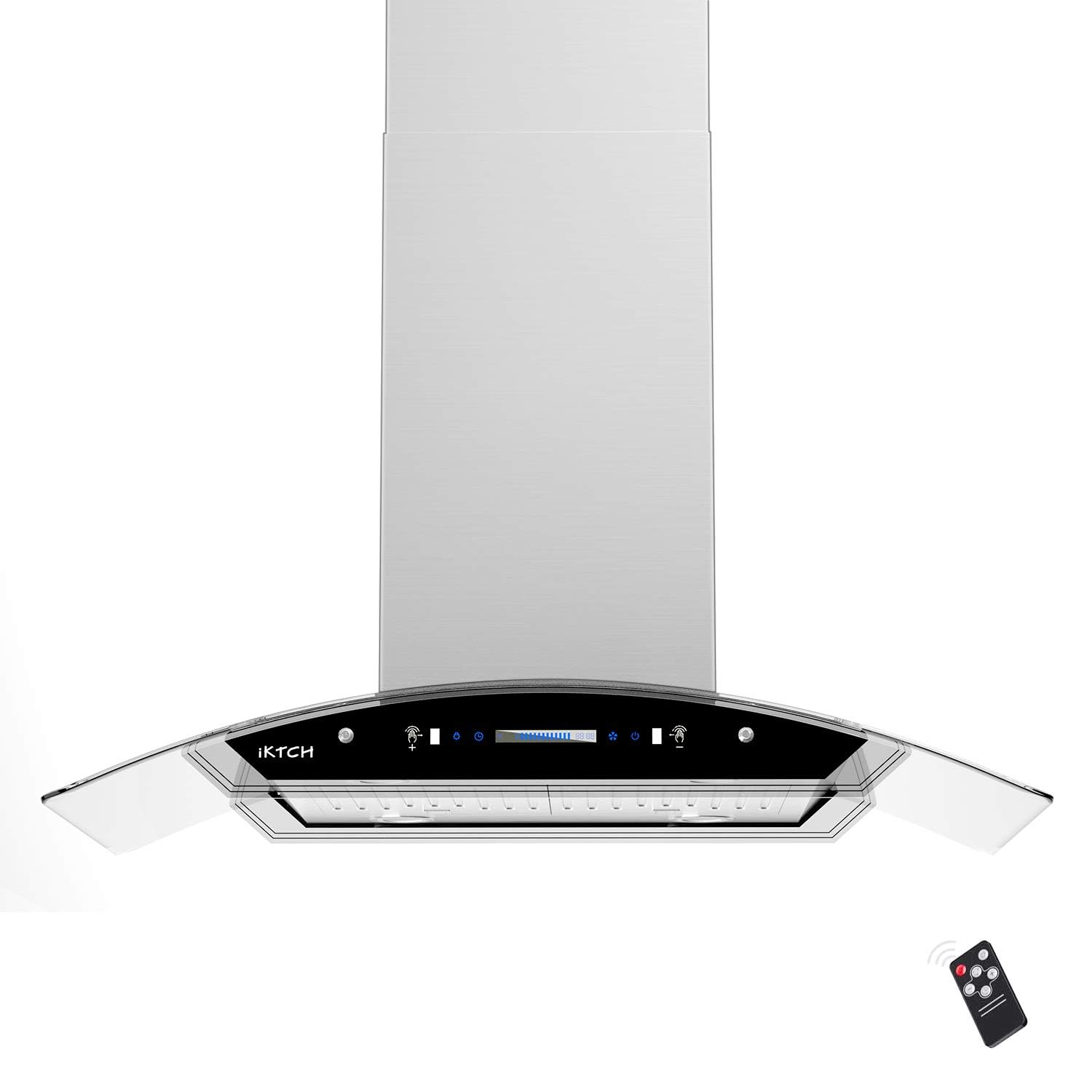 Photo 1 of IKTCH 36-Inch Island Mount Range Hood, 900 CFM Ducted, Stainless Steel & Tempered Glass, Gesture Sensing & Touch Control, 4-Speed Fan