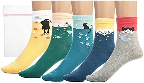 Sobike 5 Pair Womens Girls Art Casual Socks Cute Animals Girlish Design Soft Comfortable Cotton Crew Socks + Laundry Bag