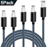 WUXIAN USB Type C Cable 5Pack (3/3/6/6/10FT) Nylon Braided USB A to USB C Charger Cable Fast Charging Cord for Samsung Galaxy Note 8 S8 Plus, LG G5 G6 V30, HTC 10, Nexus 5X/6P-Black&amp;Blue