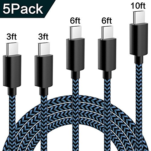 WUXIAN USB Type C Cable 5Pack (3/3/6/6/10FT) Nylon Braided USB A to USB C Charger Cable Fast Charging Cord for Samsung Galaxy Note 8 S8 Plus, LG G5 G6 V30, HTC 10, Nexus 5X/6P-Black&Blue