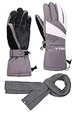 FURST Women's Storm Touchscreen Winter Ski Gloves + Scarf Set, Pocket, Thinsulate, Waterproof, Grey, S