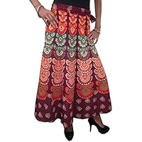 Mogul Interior Women's Gypsy Maxi Skirt Ethnic Block Print Tie Wrap Around Maroon
