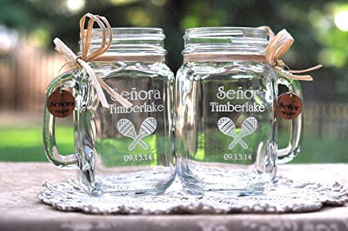 Mexican Wedding Mason Jars for Senor and Senora with Maraca Art and Matching Charms