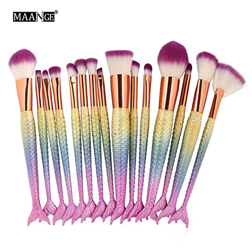 ITITI 15pcs Mermaid Makeup Brush Set Synthetic Kabuki Foundation Blending Blush Eyeliner Face Powder Brush Makeup Brush Kit Beauty Cosmetic Tools (3)