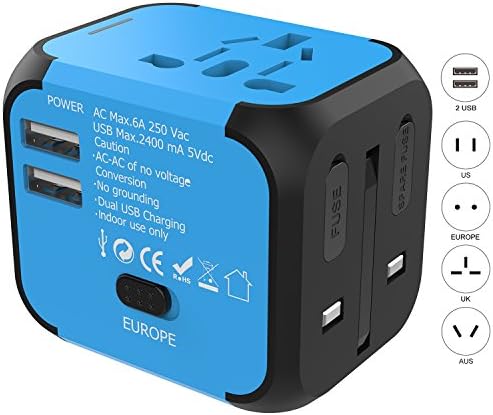 Travel Adapter, Jollyfit International Universal European Adapter 2 USB Charger US UK AUS EU Power Plug Adapter for Europe Japan Germany France Italy Russia England Laptop Cell Phones (Blue 2 USB)