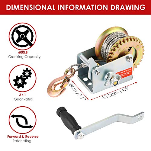 Aceshin 600lbs Heavy Duty Hand Winch - Steel Cable Crank Gear Winch with 8m Steel Wire,Manual Operated Ratchet ATV Boat Trailer Marine - Image 2