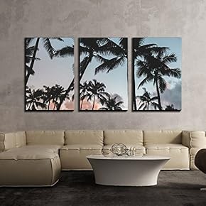 3 Piece Canvas Wall Art - Palm Trees at Dusk - Modern Home Art Stretched and Framed Ready to Hang - 16"x24"x3 Panels