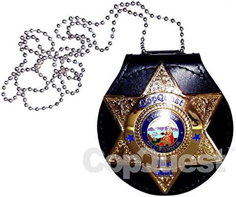 Strong Leather Clip On Badge Holder with Neck Chain - Hook and Loop Closure - Star Badge