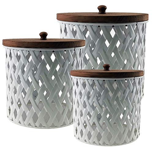 HuiDao Metal Storage Cans with Wood Lids, Hollowed Out Design Round Canister, Decorative Storage Jars Containers for Home Living Room Bedroom Office Desks Shelves, White, Set of 3 - Thumbnail 7