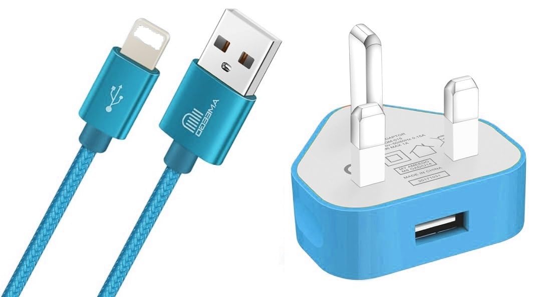 ameego USB Data Sync Charging Cable Lead 1 Meter Braided Lead + USB Charger Adapter Plug For Phone's Compatible 6 6s 5s 6 PLUS 7 8 8 Plus XS XS Max XR X iPad iPod (Blue)