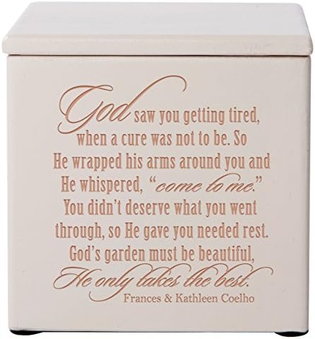 Cremation Urns for Human ashes -SMALL Funeral Urn Keepsake box for Pets - Memorial Gift for home God saw you getting tired 3.5x3.5x3.5- Holds SMALL portion of ashes 17 cu.in (Ivory)