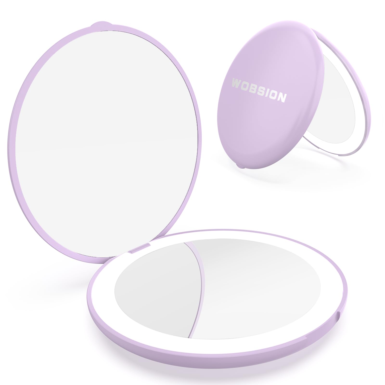 WOBSION Compact Mirror with Light, 1x/10x Magnifying Travel Makeup Mirror, LED Pocket Mirrors for Purse and Handbag, Handheld 2-Sided Small Folding Mirrors, Round, Purple — image 1