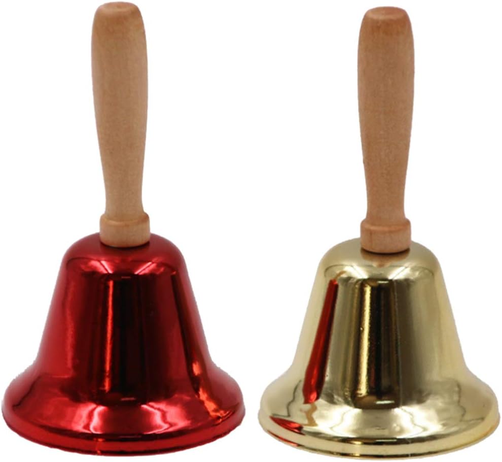 Amosfun 2pcs Christmas Metal Hand Bell With Wooden Handle Xmas Bell Ornament For Kids Christmas School Wedding Festival Supplies (Golden+Red)