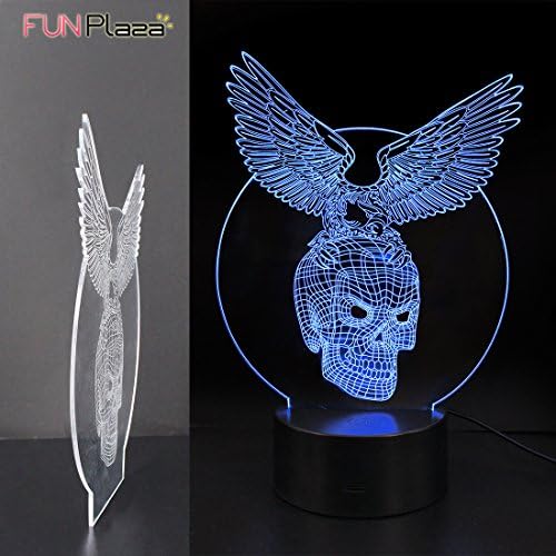 Funplaza 3D Glow LED Art Sculpture Lamp Skull with Wings Optical Illusion Decoration