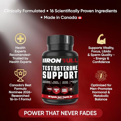 16-in-1 Testosterone Support & Advanced Men's Energy & Vitality Complex Formula | Made in Canada | High-Potency Herbal with Ashwagandha, Tongkat Ali, Maca, Tribulus, Ginseng, DIM, Horny Goat Weed, Boron, Vitamins & Minarels |Libido ,Muscle Building, Endurance, Male Vitality, Workout Recovery & Energy Support | Improved Mood & Male Reproductive Health | 90 Capsules