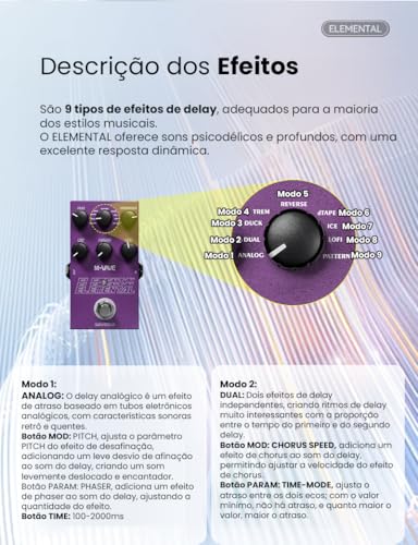 KINGSTER M-VAVE VEDO Pedal de Delay Digital Elemental: 9 Efeitos de Atraso, Modos TAP/HOLD, Alimentação USB/DC 9V, Design em Ferro Roxo Resistente - Perfeito para Guitarra, Baixo