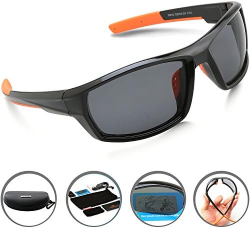 Ponosoon Sports Sunglasses Polarized with for Cycling Running Fishing Golf P909 (Black&amp;Orange)