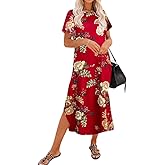 Naggoo Womens Short Sleeve Split Maxi Dress Casual Plain Tie Dye Print Tshirt Long Dresses with Pockets