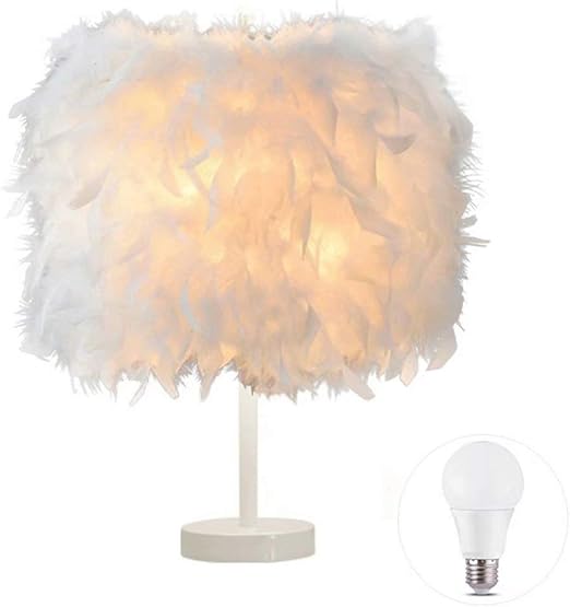 1 paquete de lampara de mesa de plumas lampara de mesilla de noche lampara de mesa de luz base blanca con bombilla de 3w para sala de estar
