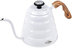 IKAPE Espresso Pour Over Coffee Kettle, Gooseneck Tea Kettle, 40 oz with Thermometer, Premium Stainless Steel Kettle Body & Ergonomic Wood Handle(White)