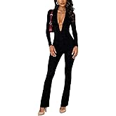 REASERAL Womens Dressy Jumpsuits Casual One Piece Outfits Long Sleeve Lace Deep V-Neck Straight Leg Jumpsuit