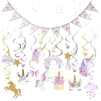 Unicorn Birthday Party Supplies Favors, 42ct Hanging Swirl Decorations and Unicorn Birthday Banner Set, Gold Happy Birthday for Girls Kids ChildrensToddlers