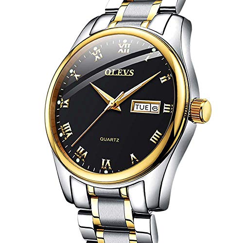 Mens Watches with Day and Date,Men's Dress Wrist Watch Casual Classic Stainless Steel Quartz Watch,Roman Numeral Watches for Men Black Calendar Wristwatch for Man,Mens Luminous Watch