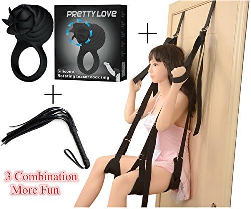 YaYo 3 Combinations USB Charging Waterproof Rotation Vibration Ring - Black&amp;Bondage for Couples Hanging Accessories Indoor Sex Swings with A Whip