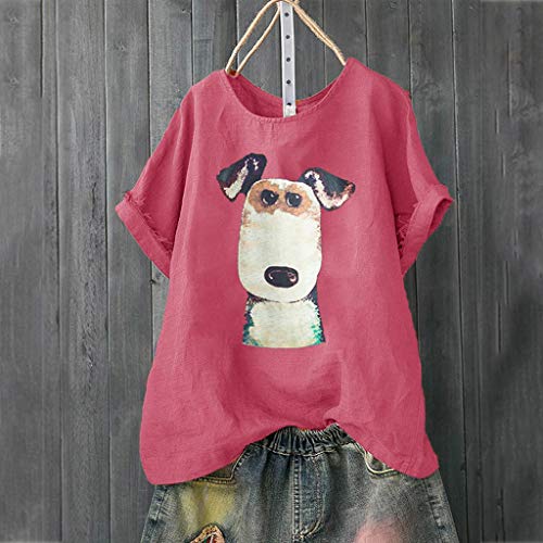 Londony Women Casual Loose Tee T-Shirts Tops Cartoon Printed Rolled Hem Ripped Short Sleeve Pocket Tops Blouse Hot Pink