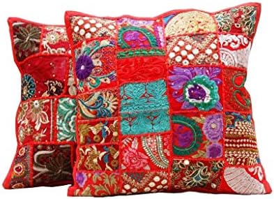 Virasat export Handmade Indian khambariya Cushion Cover Vintage Boho Pillow Cases Red (Set of 2 PC's)