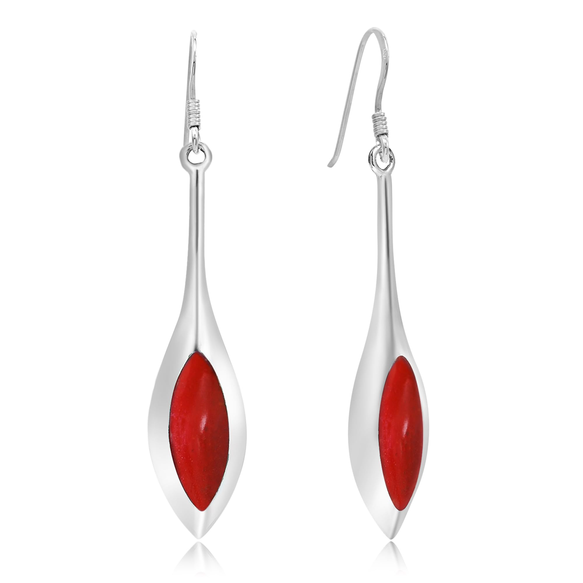 Modern Long Icicle Reconstructed Red Coral Inlay .925 Sterling Silver Dangle Earrings